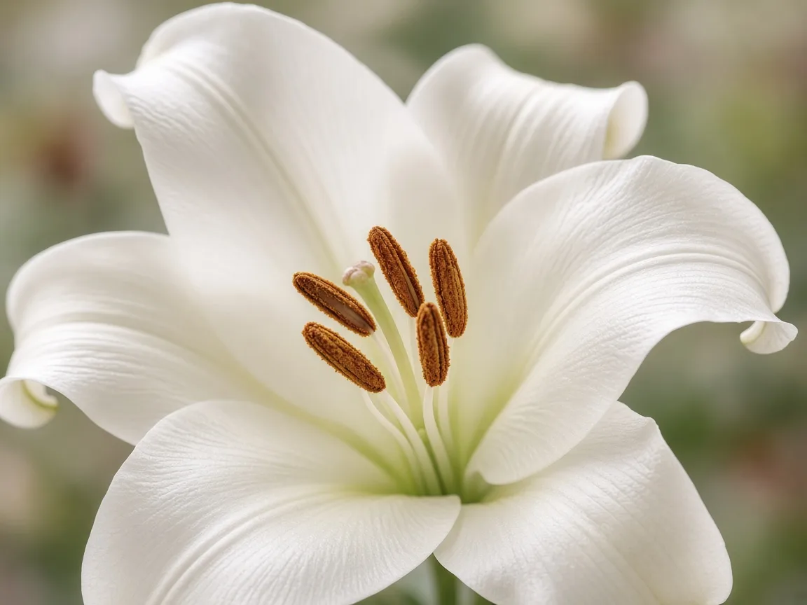 Close-up of a white oriental lily bloom with stamens carefully visible