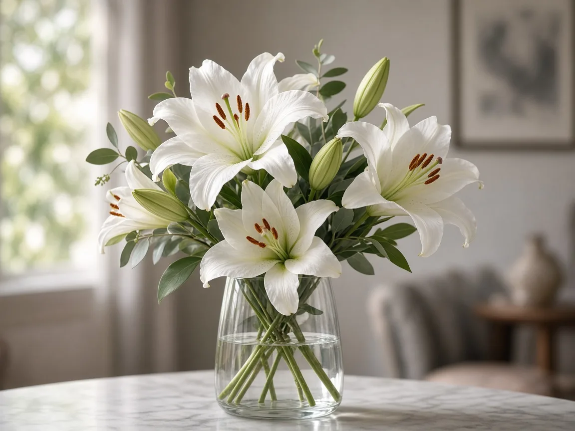 White oriental lilies in a vase with soft greenery, calm elegant setting
