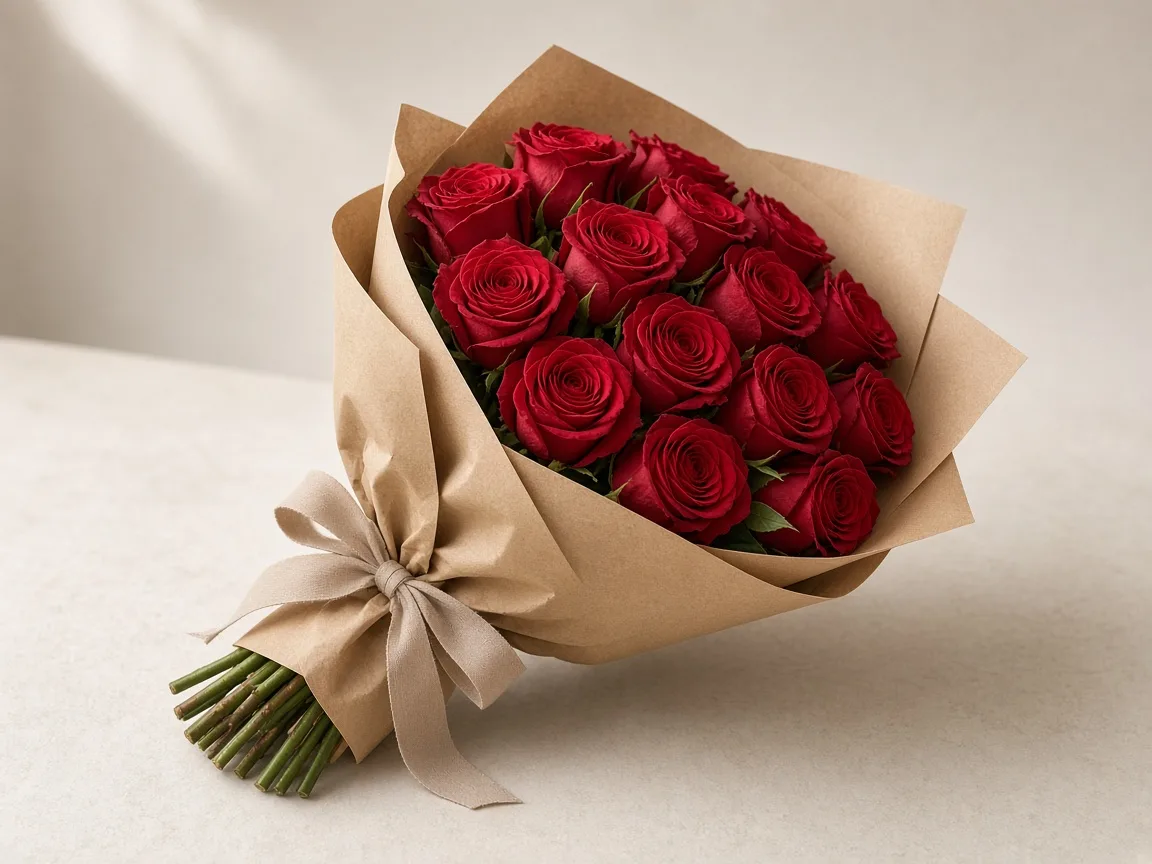 Classic dozen red roses wrapped in kraft florist paper, gift-ready