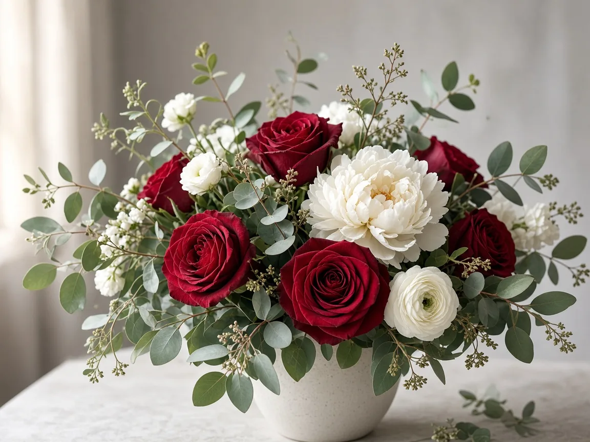 Mixed bouquet of red roses with white blooms and greenery