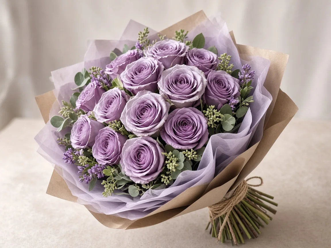 Gift-wrapped purple rose bouquet with soft greenery
