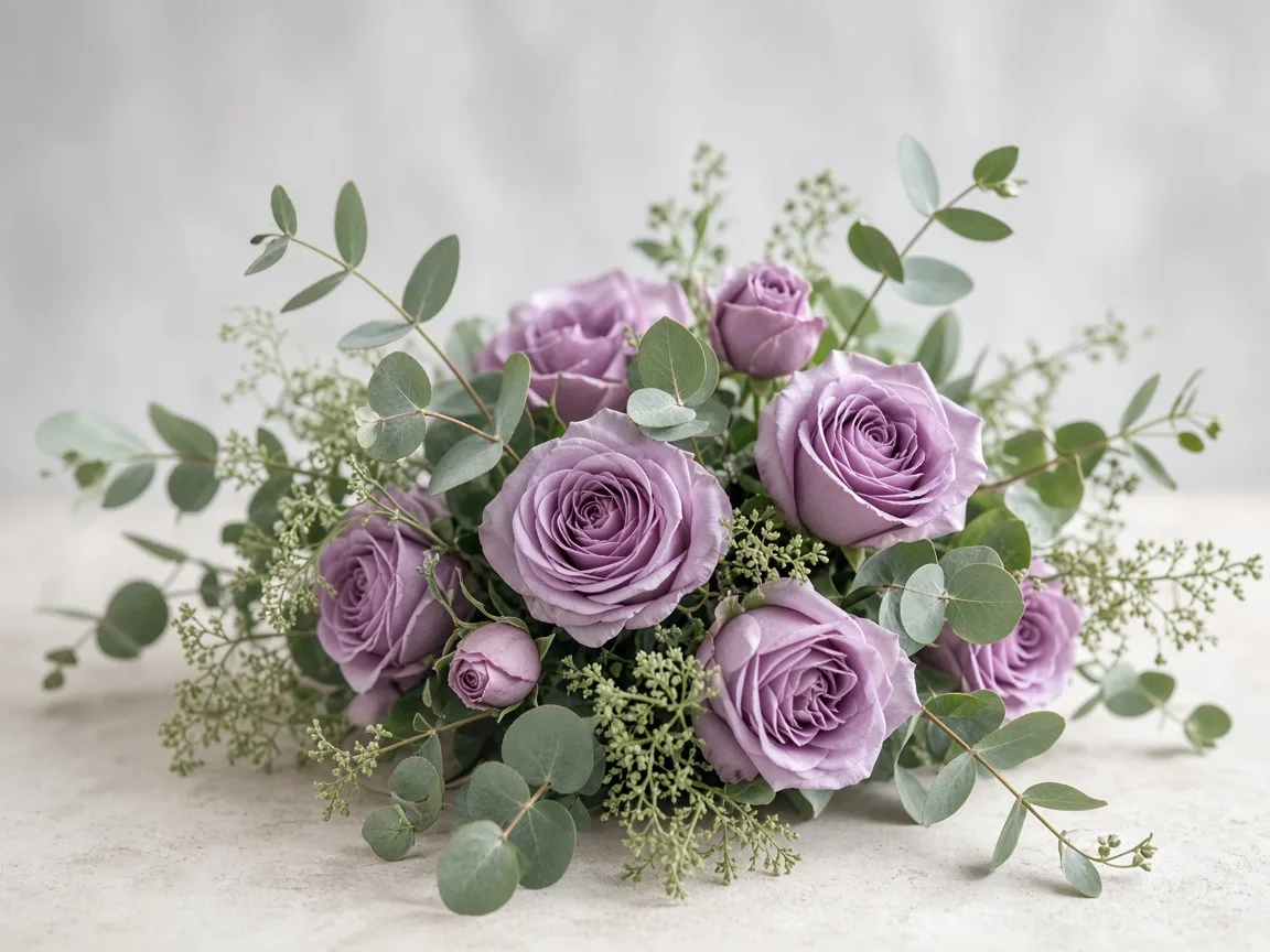Purple roses arranged with soft greenery in an elegant mixed design
