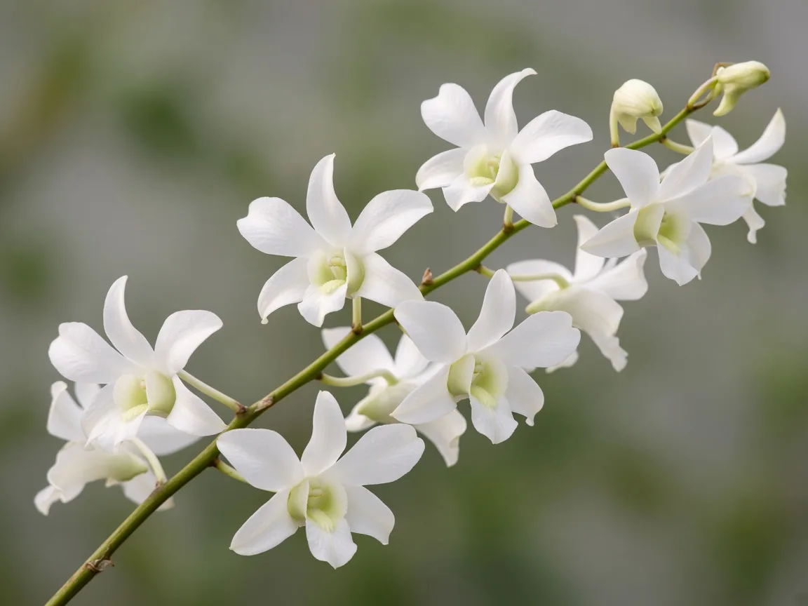 Close-up of white Dendrobium orchid flowers on a spray stem