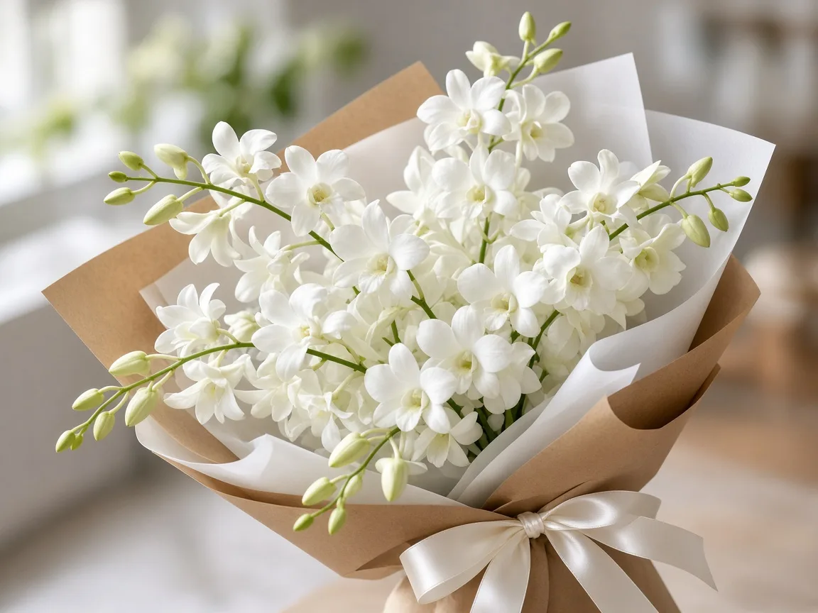 Gift bouquet of white Dendrobium orchid sprays wrapped in kraft and white paper