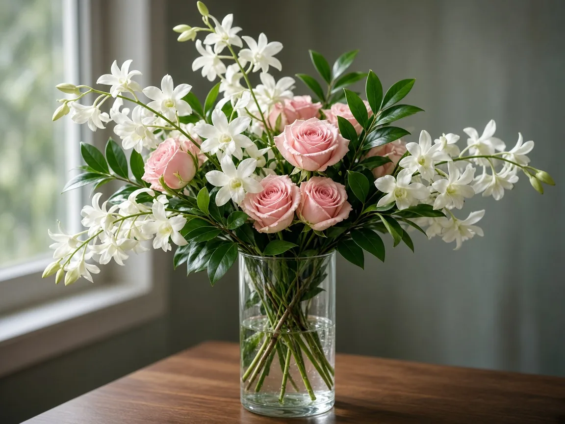 Arrangement of white Dendrobium sprays with soft pink roses and ruscus