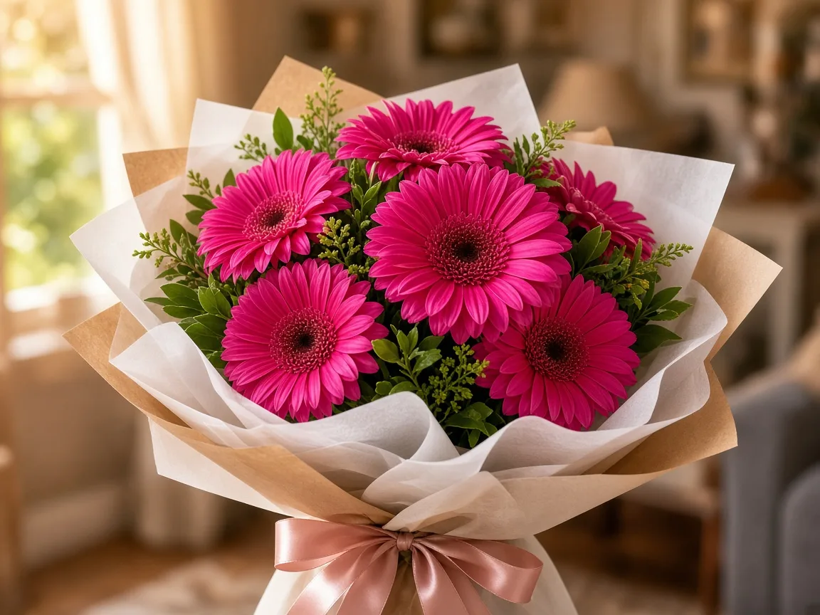 Gift bouquet of hot pink gerberas wrapped in kraft and white paper with a satin ribbon