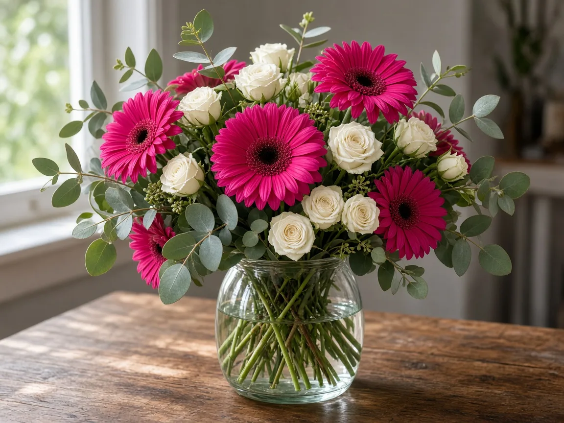 Arrangement of hot pink gerberas with white spray roses and eucalyptus