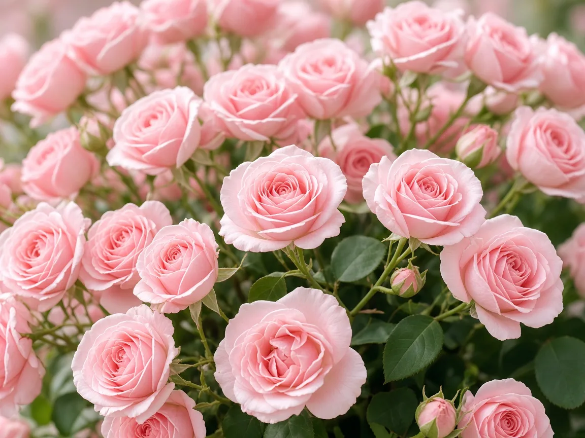 Close-up of soft pink spray roses, many small blooms on branched stems