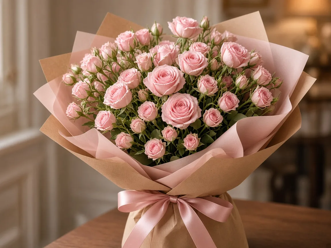 Gift bouquet of soft pink spray roses wrapped in kraft and soft pink paper