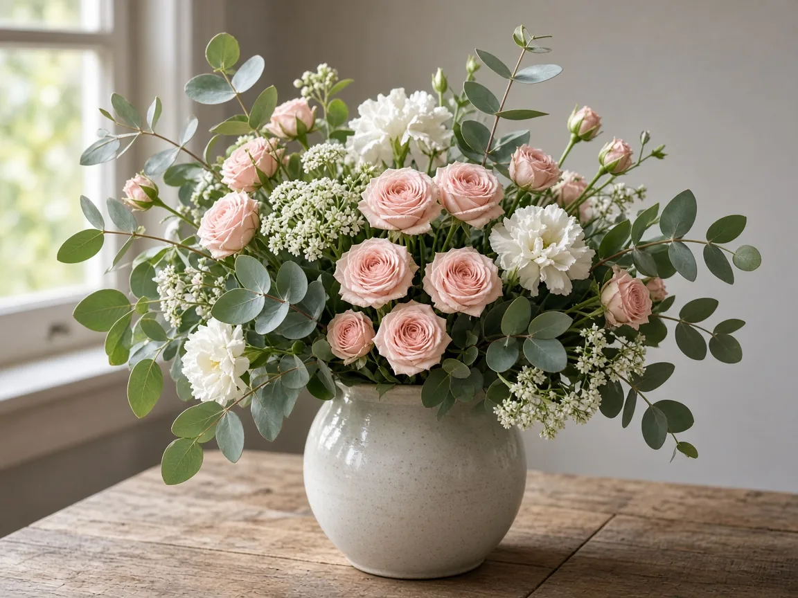 Arrangement of soft pink spray roses with white flowers and eucalyptus