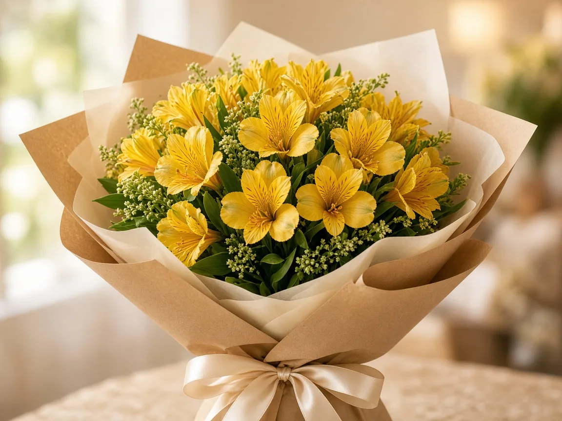 Gift bouquet of yellow Alstroemeria wrapped in kraft and cream paper