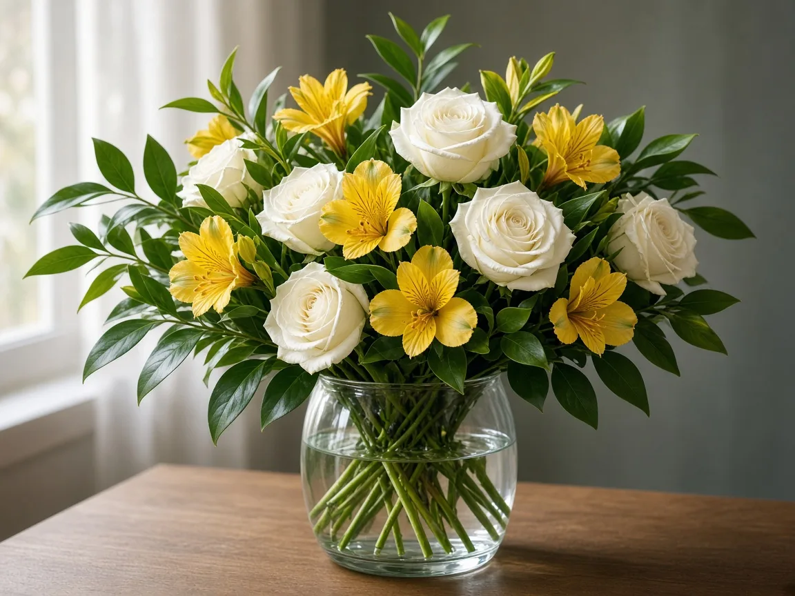 Arrangement of yellow Alstroemeria with white roses and ruscus