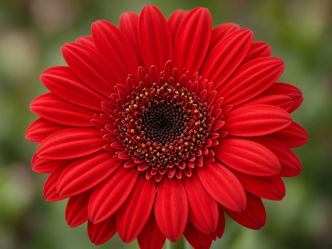 Close-up of a red Gerbera daisy with vivid red petals and a darker disk