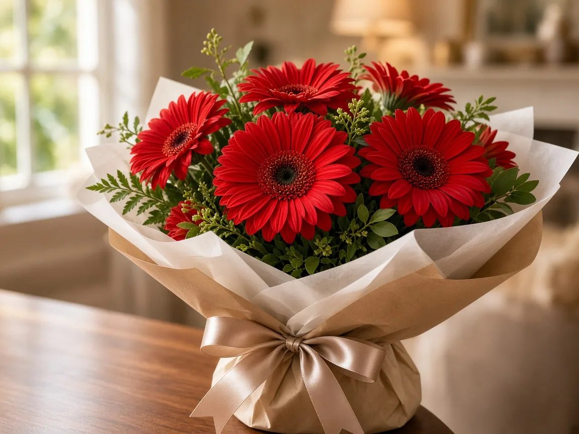 Gift bouquet of red gerberas wrapped in kraft and white paper with a satin ribbon