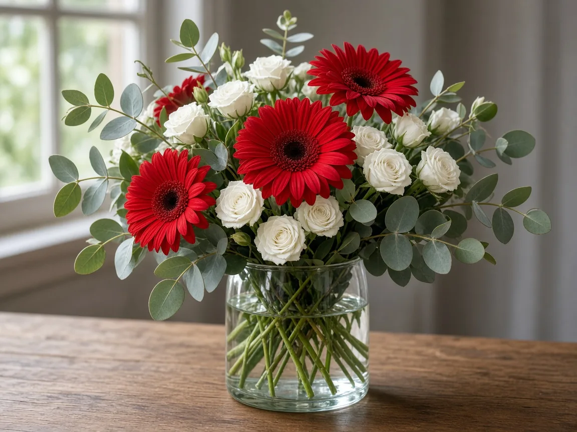 Arrangement of red gerberas with white spray roses and eucalyptus