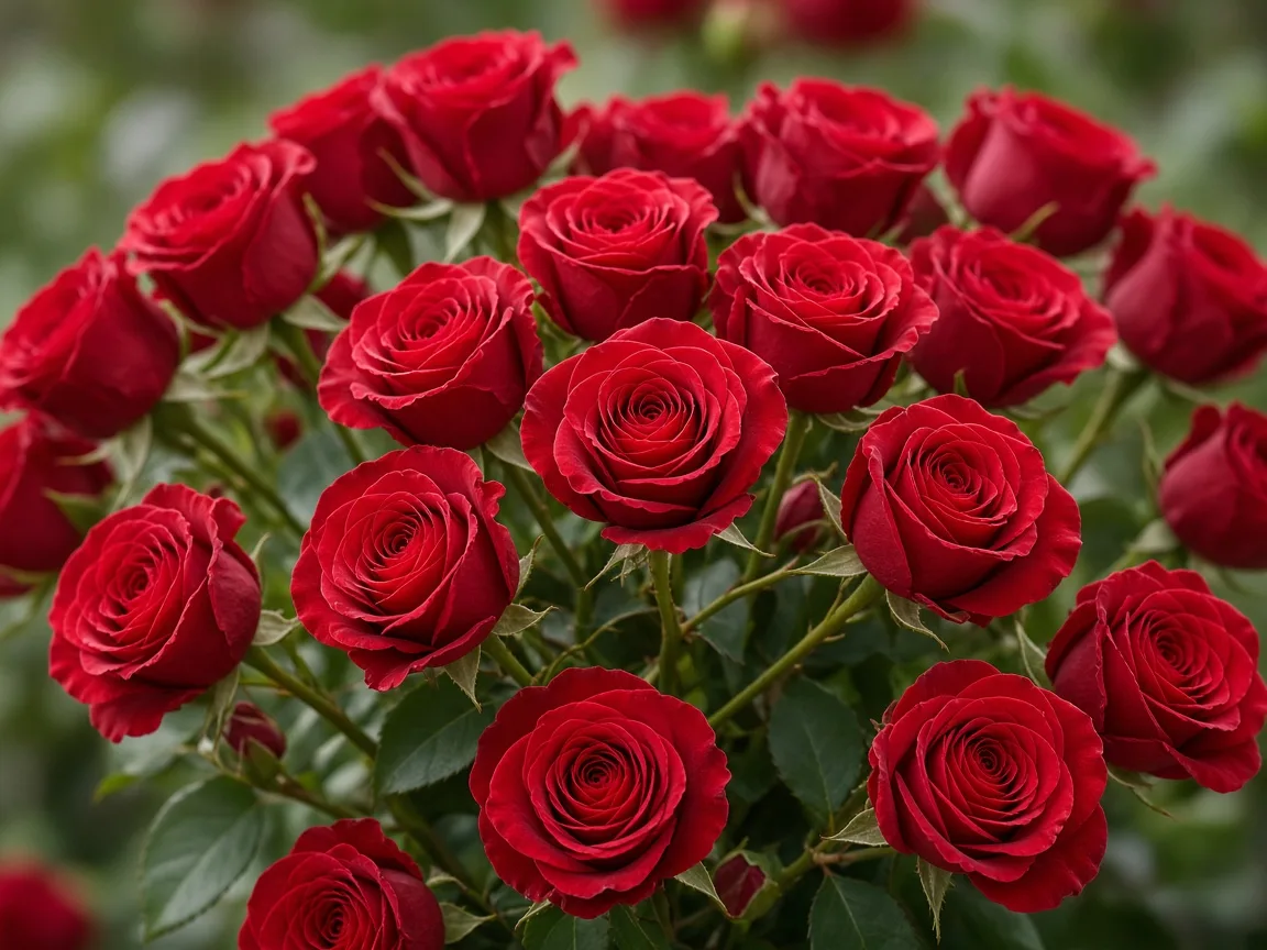 Close-up of red spray roses, many small blooms on branched stems