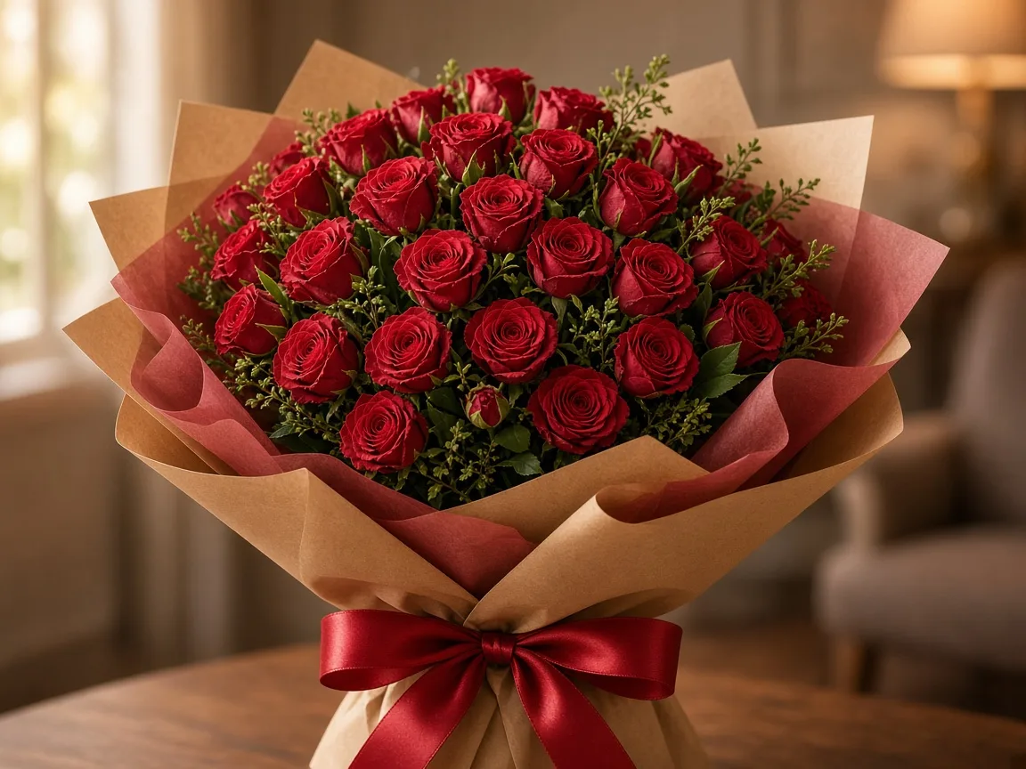 Gift bouquet of red spray roses wrapped in kraft and soft red paper