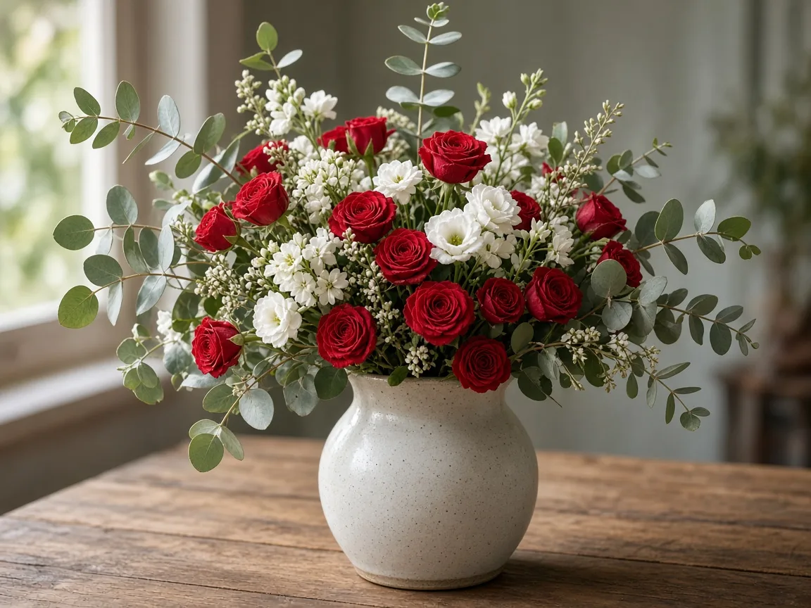 Arrangement of red spray roses with white flowers and eucalyptus