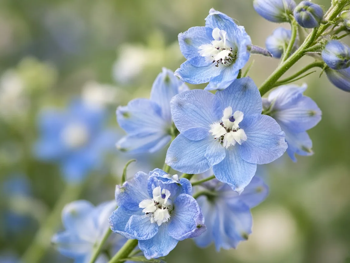 Close-up of blue larkspur florets in sky blue on a tall stem