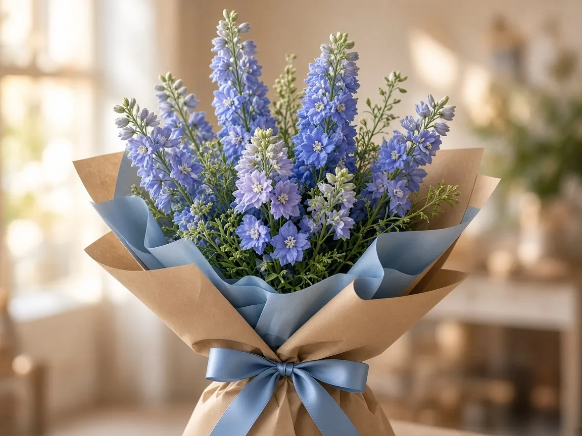 Gift bouquet of blue larkspur wrapped in kraft and soft blue paper with a satin ribbon