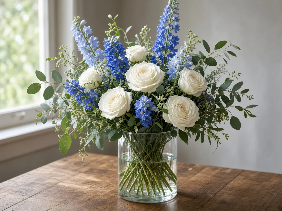 Arrangement of blue larkspur with white roses and greenery