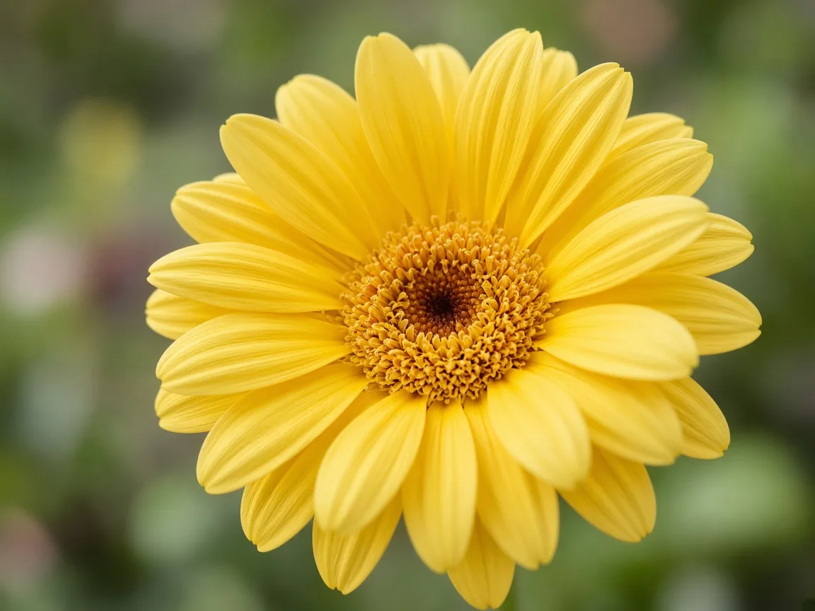 Close-up of a yellow Gerbera daisy with vivid yellow petals and a golden disk