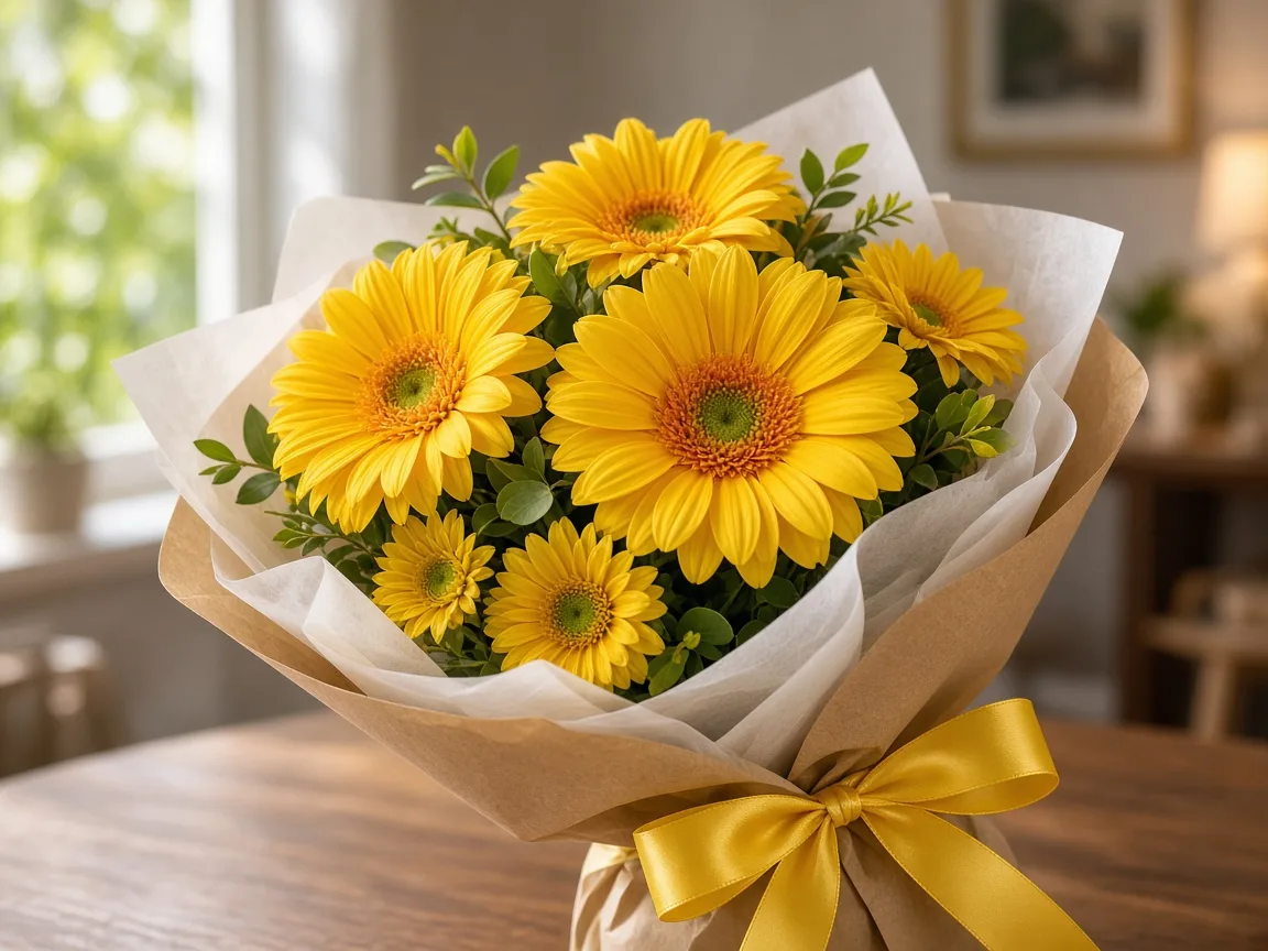 Gift bouquet of yellow gerberas wrapped in kraft and white paper with a satin ribbon