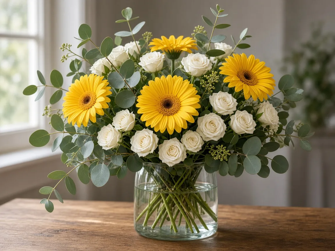 Arrangement of yellow gerberas with white spray roses and eucalyptus