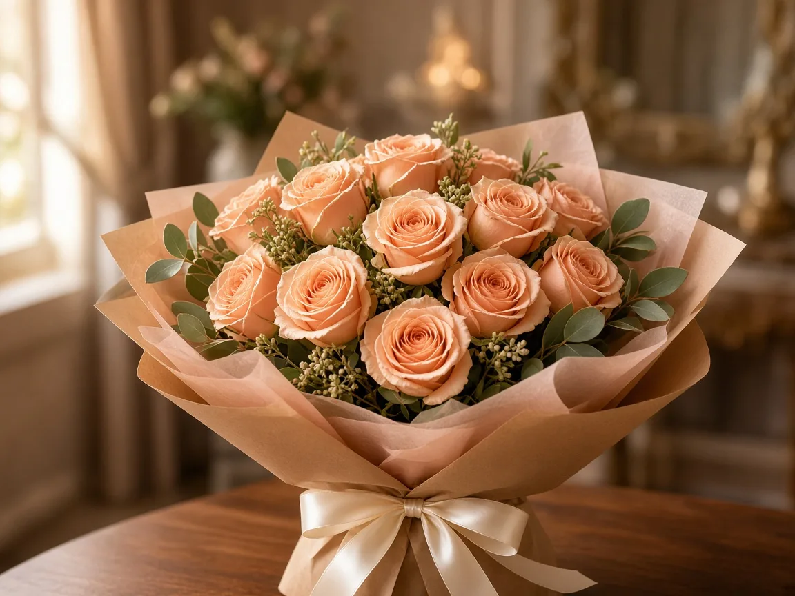 Gift bouquet of peach roses wrapped in kraft and soft peach paper with a satin ribbon