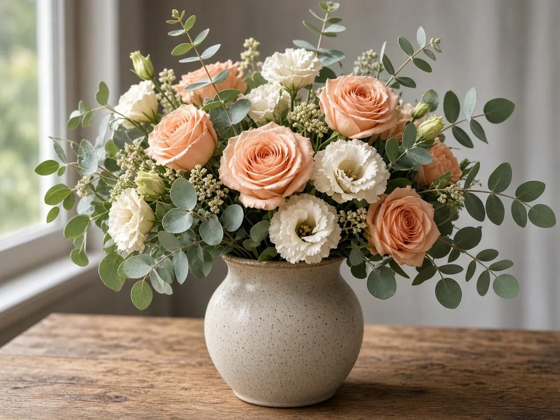 Arrangement of peach roses with cream flowers and eucalyptus