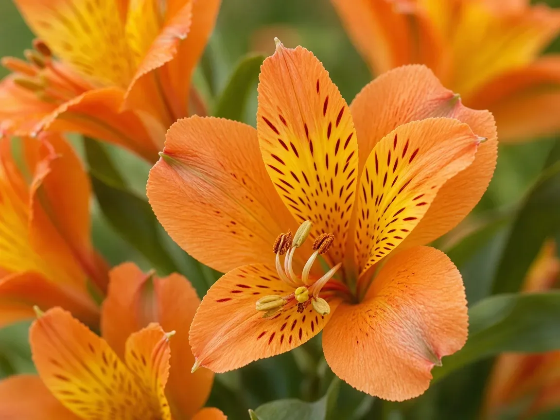 Close-up of orange alstroemeria with speckled orange petals and a yellow throat