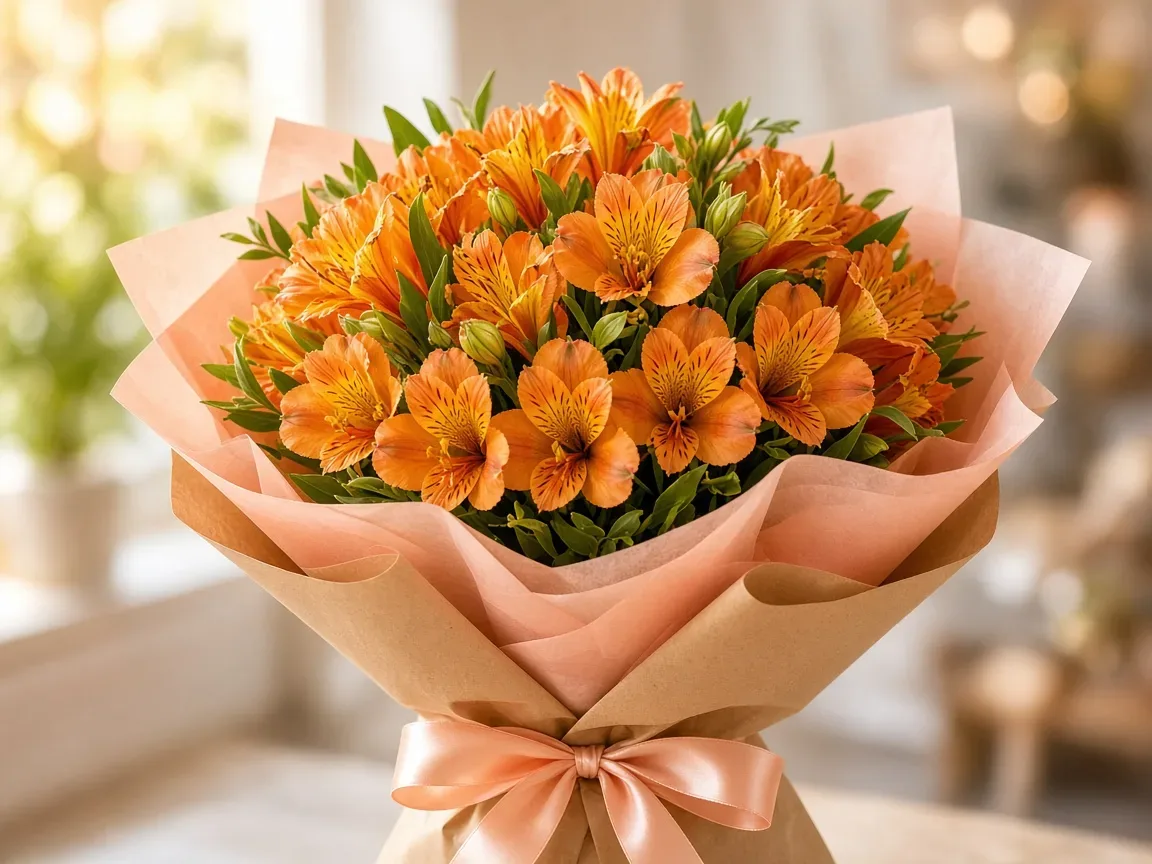 Gift bouquet of orange alstroemeria wrapped in kraft and peach paper with a satin ribbon