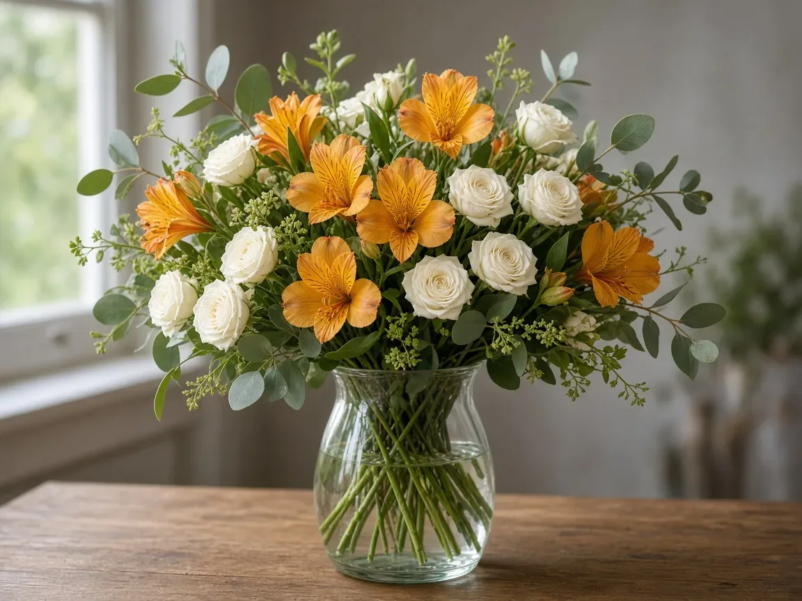 Arrangement of orange alstroemeria with white spray roses and greenery