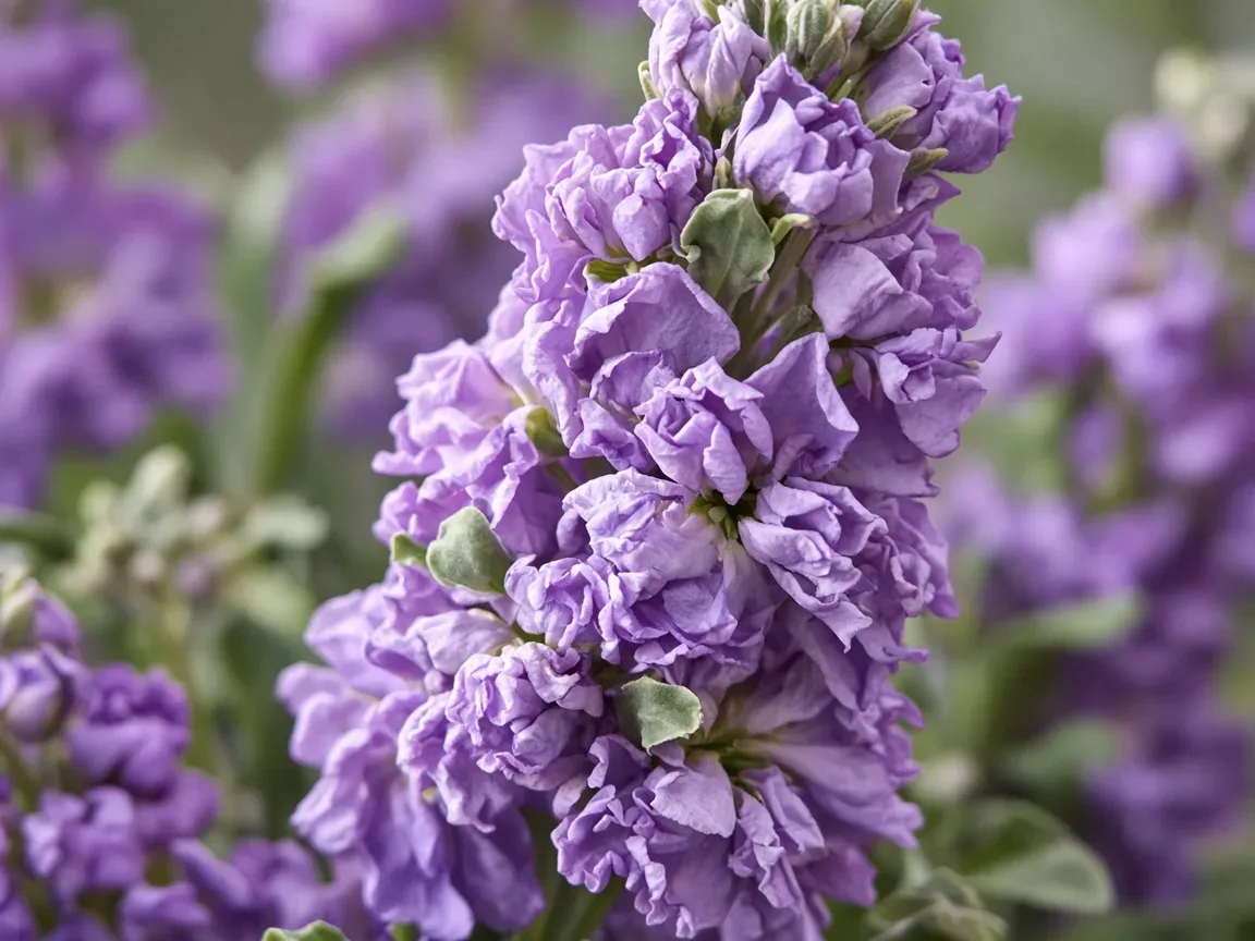 Close-up of purple stock with densely packed violet-mauve florets on a spike
