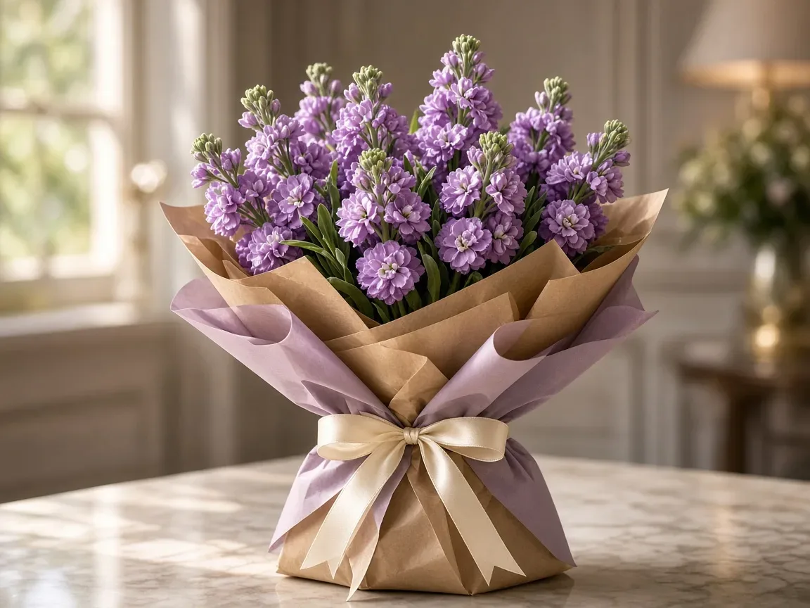 Gift bouquet of purple stock wrapped in kraft and lilac paper with a cream satin ribbon