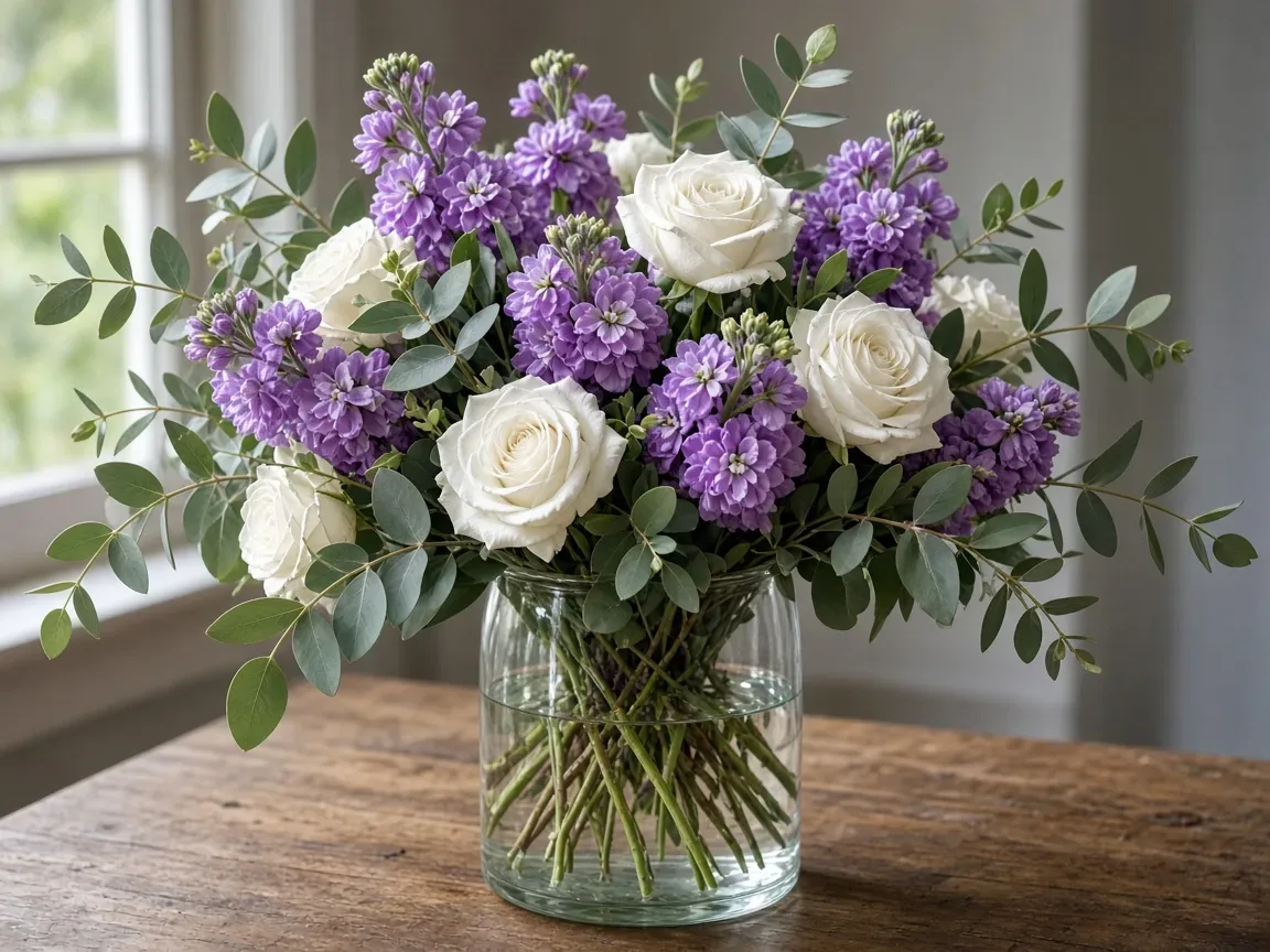 Arrangement of purple stock with white roses and eucalyptus