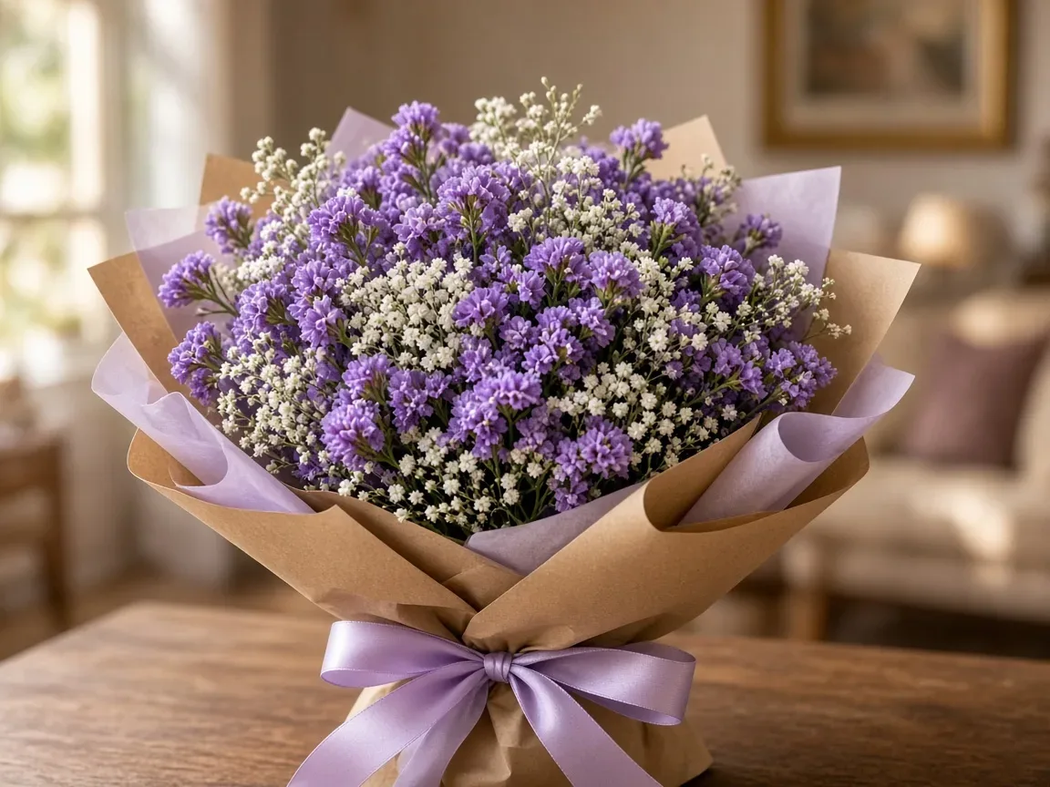 Gift bouquet of purple statice wrapped in kraft and lavender paper with a satin ribbon