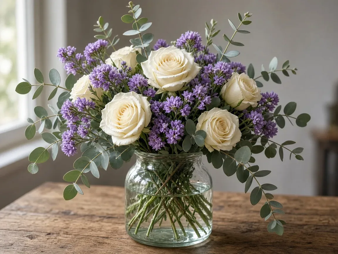 Arrangement of purple statice with cream roses and eucalyptus