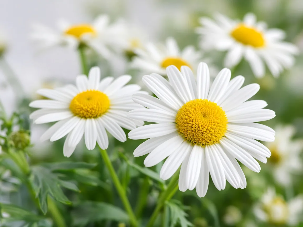 Close-up of white daisies with yellow centres in soft natural light