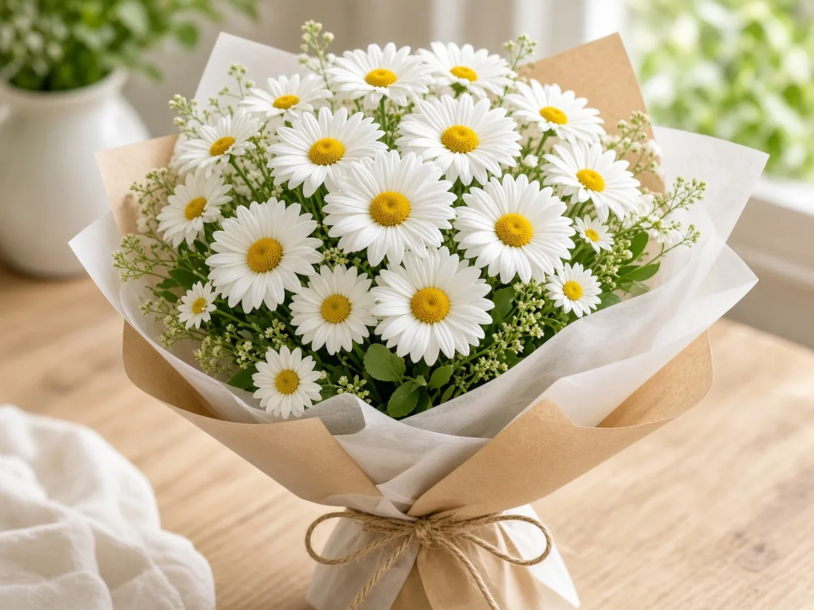 Fresh white daisy bouquet wrapped simply for gifting