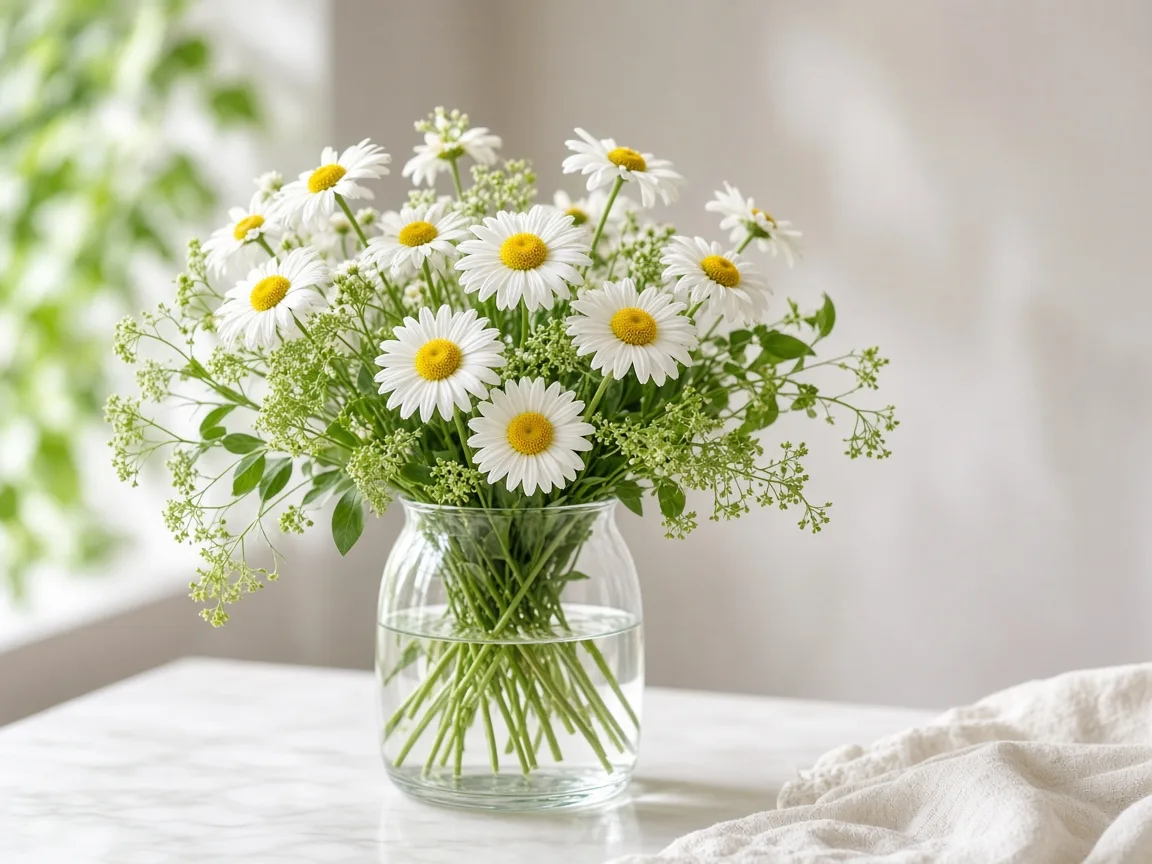 White daisies in a clear vase with soft greenery