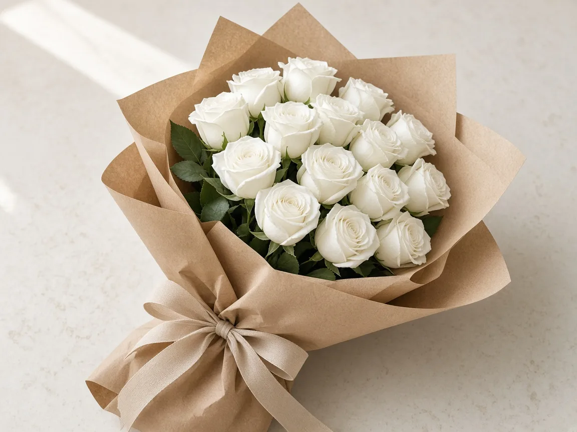Classic dozen white roses wrapped in kraft florist paper, gift-ready