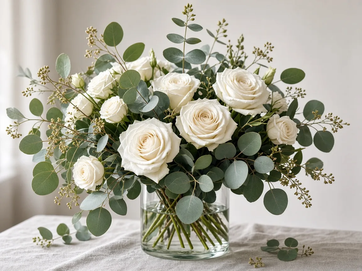Mixed bouquet of white roses with cream blooms and greenery