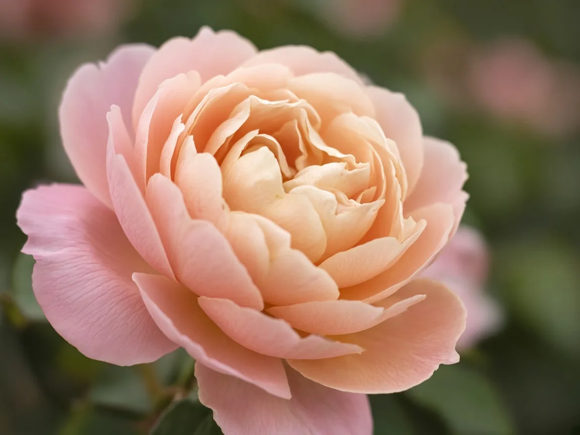 Close-up of a blush-to-peach tones rose bloom in soft light