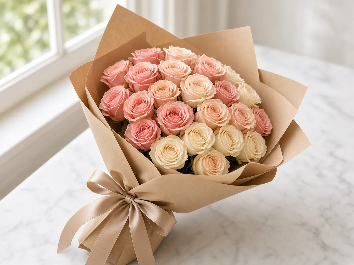 Hand-tied blush peach cream tones rose bouquet in kraft wrap