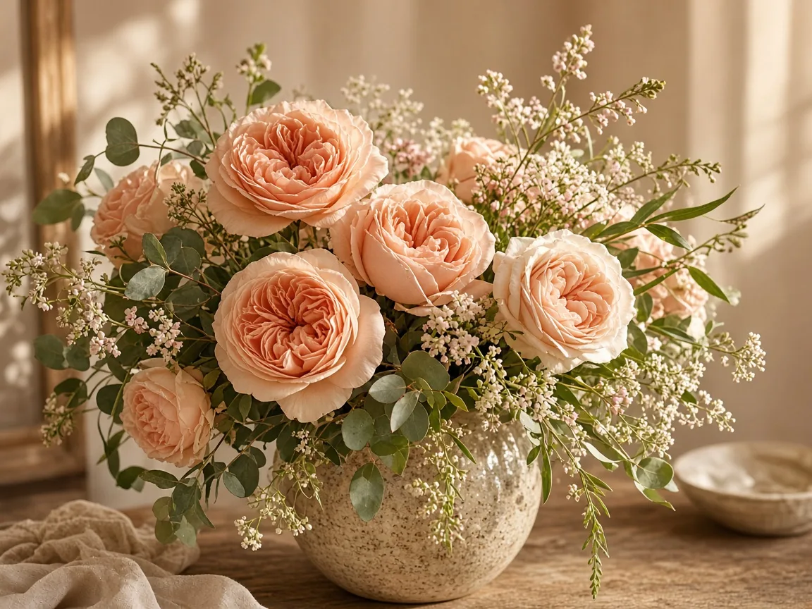 Vase arrangement of tones roses with soft greenery