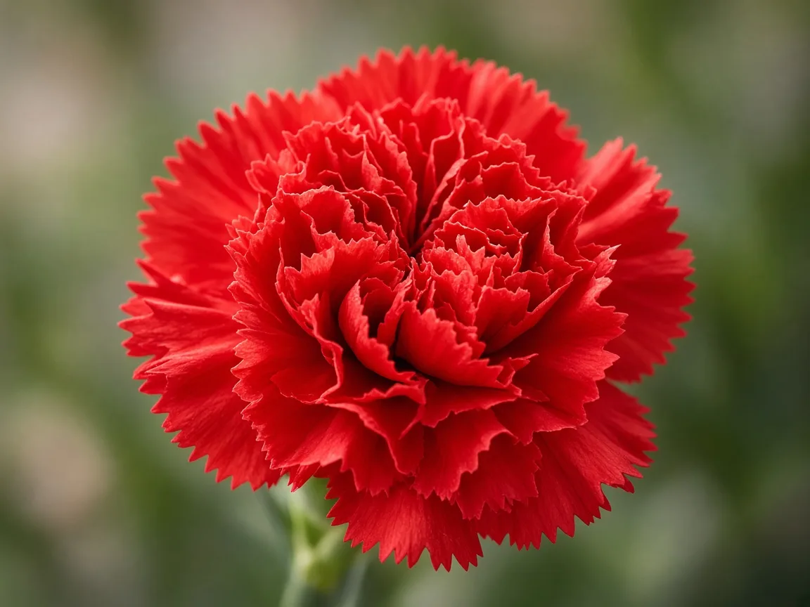 Close-up of a vivid red mini carnation with ruffled petals