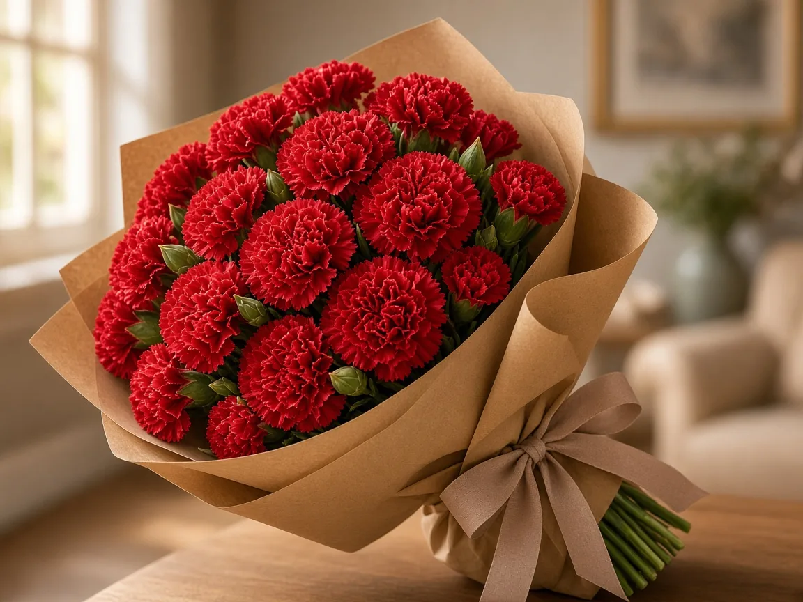 Gift-ready bouquet of red mini carnations in kraft wrap