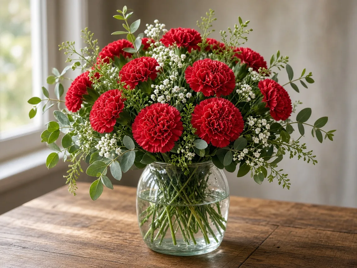 Vase arrangement of red mini carnations with greenery