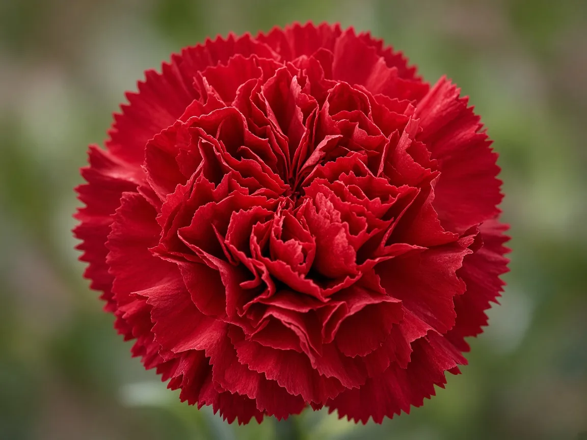 Close-up of a classic red carnation with densely ruffled petals